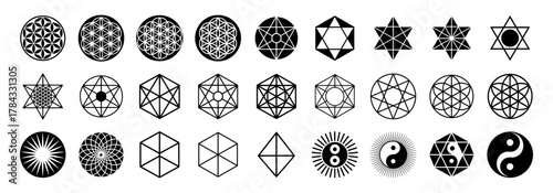 Sacred geometry symbol icon set, spiritual mandala design collection, yoga meditation template vector graphic elements.