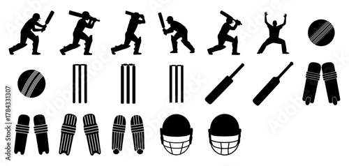 cricket silhouette set Includes players, wickets, bat, ball, pads and helmet symbols. flat vector illustration
