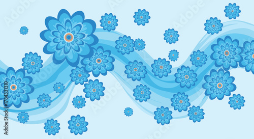 Decorative blue flowers of varying sizes are interspersed with gentle blue waves on a tranquil light blue background, creating an airy floral pattern.