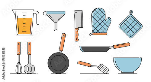 An illustrative collection of essential kitchen tools and cooking utensils, featuring measuring cups, pans, oven mitts, and various prep items.