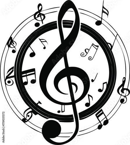 Elegant musical notes and treble clef forming a circular design