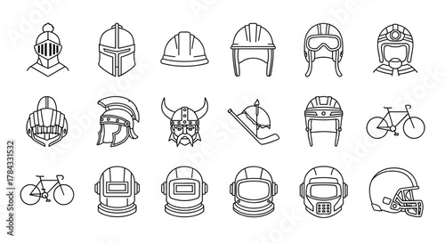 Collection of diverse helmet line icons, showcasing historical armor, modern protective gear, and sports equipment, presented as clean outline signs for versatile graphic and web design applications