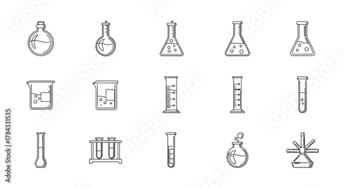 Collection of simple, isolated line icons representing laboratory glassware and equipment, including various flasks, beakers, graduated cylinders, and test tubes, suitable for web, books, cards, and