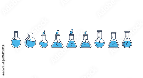 Collection of minimalistic linear pictograms representing lab flasks filled with light blue liquid, showcasing various shapes and bubble effects, ideal for web design, graphic design, apps, banners