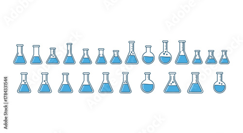 Collection of minimalistic linear pictograms representing lab flasks filled with light blue liquid, ideal for web and graphic design, apps, banners, social networks, and cards, showcasing scientific