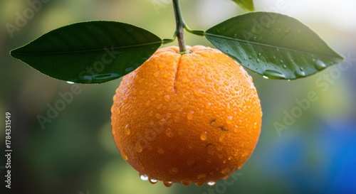 Fresh ripe orange fruit hanging from a branch with water droplets macro close up