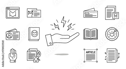 Set of linear icons representing business and communication concepts, including an open hand with lightning bolts, email icons, documents, a book, an ID card, and a gear with a heart, suitable for