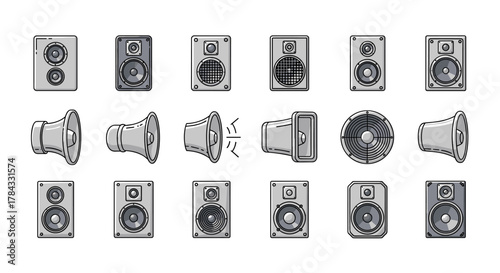 Modern outline style icons of various loudspeakers and audio speakers, presented in a clean, ordered set on a white background, perfect for graphic design, cards, apps, and social networks, featuring