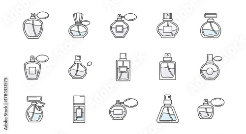 Collection of fifteen stylized line art icons representing various perfume bottles, including atomizers and classic spray designs, presented on a clean white background, perfect for graphic design
