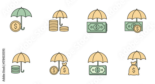 Set of eight flat design icons representing financial security and protection, featuring umbrellas shielding stacks of coins, money bags, and banknotes with dollar signs, symbolizing insurance