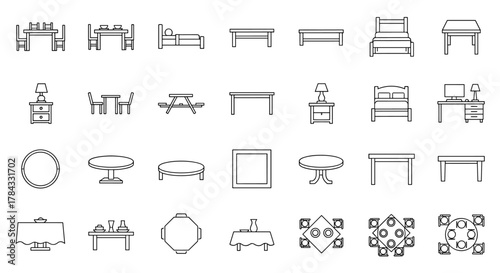 Collection of thin line icons representing various types of tables and furniture, including dining tables, coffee tables, beds, nightstands, and desks, suitable for web, books, cards, and apps