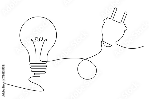 Continuous line drawing of a light bulb connected to an electrical plug