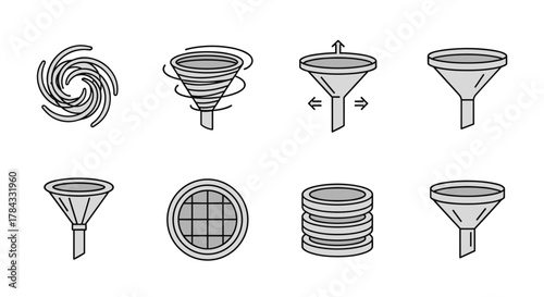 Collection of eight stylized line art icons representing filters, funnels, and vortex phenomena, suitable for graphic design, web development, app interfaces, and advertising materials, presented in