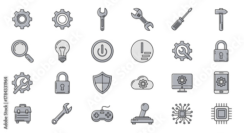 A comprehensive collection of line icons representing mechanisms, settings, and tools, perfect for web design, application interfaces, educational materials, and technical documentation. This vector