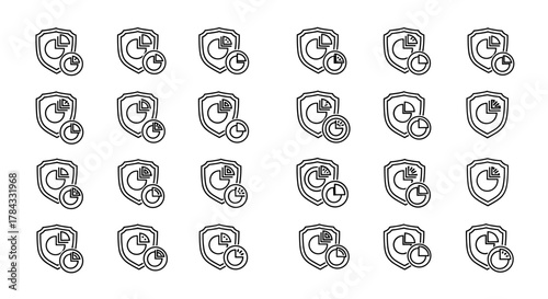 A collection of shield icons with pie charts and clocks, representing security, data analysis, and time management, perfect for graphic design, web development, app interfaces, and advertising