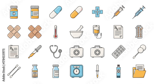 Collection of thin line icons representing pills and medication, suitable for web, books, cards, and apps. This editable stroke vector cartoon illustration features a white background and includes