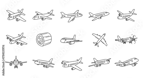Collection of diverse airplane and aircraft outline illustrations, perfect for graphic design, web development, app interfaces, advertising campaigns, and various card designs, presented as clean