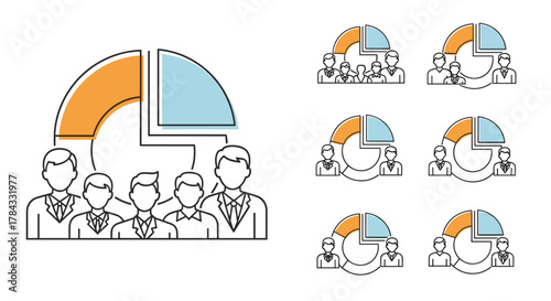 Minimalistic linear pictograms representing pie charts with groups of men, ideal for web and graphic design, apps, banners, social networks, and cards. This vector cartoon illustration uses a simple