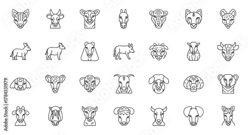 A diverse collection of linear animal icons, featuring heads and full bodies of various farm animals, wild creatures, and domestic pets, all presented on a clean white background for versatile