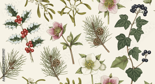 Seamless vintage botanical illustration Christmas pattern featuring a herbarium of winter flora including holly with red berries and snow-dusted leaves, mistletoe with white berries, hellebore