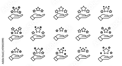 Collection of outline icons depicting a hand holding stars, symbolizing rating, quality, success, and achievement. These linear vector graphics are perfect for graphic and web design, apps