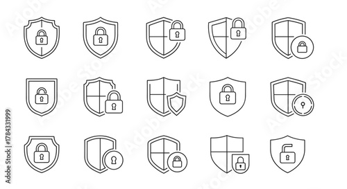 Collection of shield and lock outline line icons, symbolizing security, protection, and privacy for graphic design, web development, mobile applications, advertisements, and various card designs