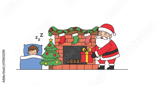 Santa Claus secretly places a wrapped gift by the fireplace next to a Christmas tree for a sleeping child, capturing the magical tradition of the holiday season and childhood wonder