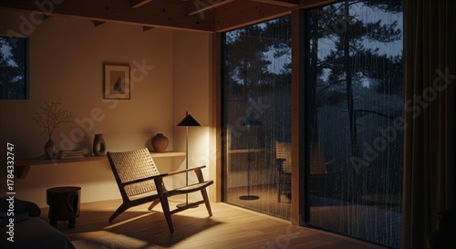 Experience cozy serenity indoors watching the gentle rain fall against the window of a modern cabin, ideal for relaxation and peaceful contemplation © Yadi