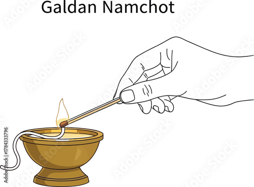 Traditional Galdan Namchot butter lamp ritual with hand lighting flame