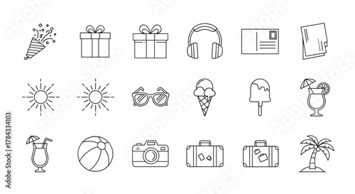 A minimalist collection of outline web line icons representing a party popper, gift boxes, headphones, postcard, sunglasses, ice cream cone, popsicle, tropical cocktail, sun, beach ball, camera