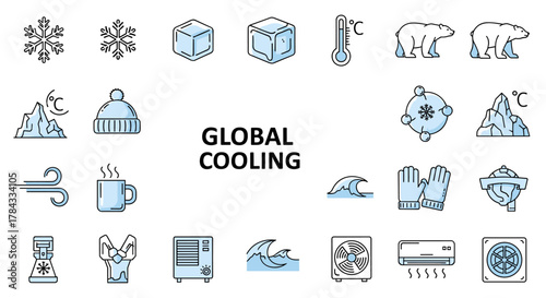 Collection of Global Cooling Related Line Icons, Outline Signs for Graphic and Web Design, Apps, Advertisements, Various Cards, Vector Cartoon Illustration with a White Background, Representing Cold