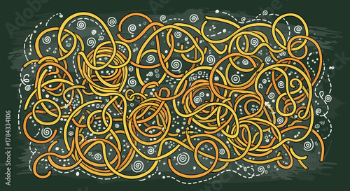 Abstract spaghetti tangle on a dark green chalkboard background with white chalk swirls and dots, creating a vibrant and playful food illustration perfect for culinary themes and Italian cuisine.