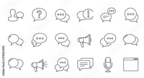 Collection of outline icons representing communication and dialogue, including speech bubbles with question marks, exclamation points, ellipses, and multiple messages, alongside megaphones