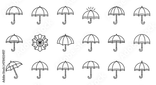 Collection of simple, linear outline icons representing various types of umbrellas, parasols, and sunshades, perfect for web, apps, books, and cards, emphasizing protection from sun and rain with
