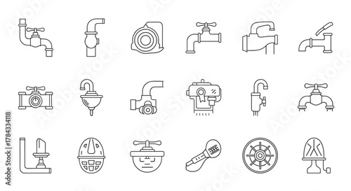 Collection of outline icons representing plumbing elements, including various taps, valves, pipes, and a sink, perfect for infographics, articles, books, flyers, and banners, presented as a clean