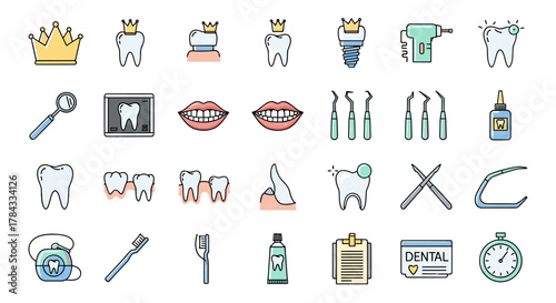 A vibrant collection of dental care icons, featuring crowns, implants, teeth, dental tools, X-rays, and oral hygiene products, perfect for graphic design, web development, and medical advertisements