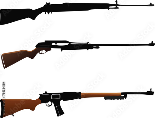 Silhouette depictions of various firearms including rifles and submachine guns