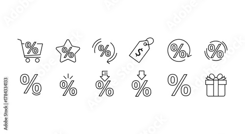 Collection of line icons representing percentage and sale symbols, including a shopping cart, star, price tag with dollar sign, gift box, and various percentage signs with arrows indicating discounts