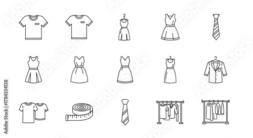 Set of sewing and garment related line icons, editable stroke for design, web sites, apps, cards. Contains linear images of t-shirt, dress, tie, measuring tape, and jacket, perfect for fashion and
