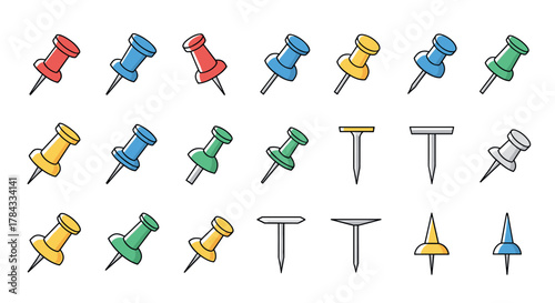 Collection of colorful and diverse push pins and thumbtacks, perfect for school, office, and UI design. Includes various shapes and colors like red, blue, yellow, green, and silver, suitable for web