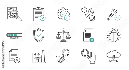 Quality control set of web icons in line style, featuring quality check, computing icons, progress bar, shield, scales of justice, document with checkmark and cross, wrench, gear, bug, factory
