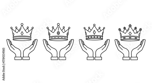 Set of four simple line art icons depicting crowns held aloft by open hands, symbolizing royalty, success, leadership, and achievement. Clean vector illustration on a white background, perfect for