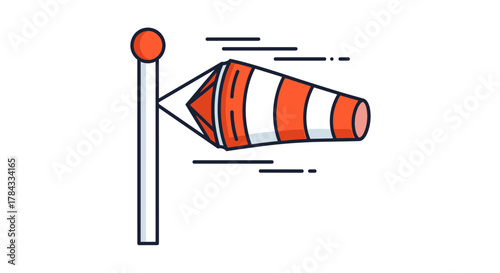 Simple linear windsock icon for weather applications and aviation, representing wind direction and speed with orange and white stripes, depicted in a clean, modern, and easily recognizable graphic