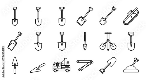 Collection of outline icons representing various shovels, trowels, a chainsaw, a drill bit, a construction vehicle, and a sand pile, perfect for graphic design, web development, app interfaces, and