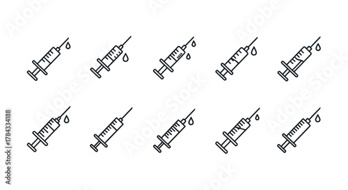 A seamless pattern of minimalistic linear pictograms of syringes, each with a drop of liquid falling from the needle, designed for web and graphic design, apps, banners, social networks, and cards
