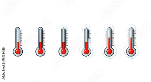 Collection of six thermometers showing different temperature levels, some with snow outlines, presented as a vector cartoon illustration on a white background, ideal for graphic and web design, apps