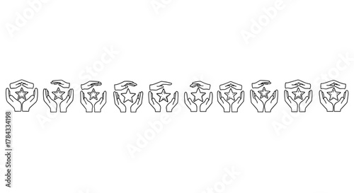 A row of identical line art icons depicting hands cradling a star, symbolizing protection, care, and achievement. This versatile graphic is perfect for websites, cards, books, and articles, offering