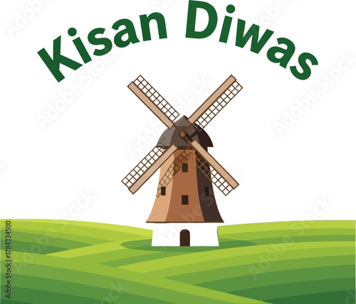 Kisan Diwas with green text and windmill over field