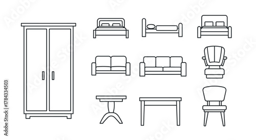 Collection of minimalist line art icons representing furniture: a wardrobe, various beds, sofas, tables, and chairs, perfect for apps, websites, banners, and infographics, offering a clean and modern