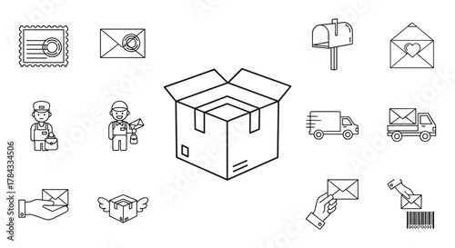 Vector cartoon illustration of a set of ordered line icons related to postal services and delivery, presented on a clean white background, featuring elements like stamps, envelopes, mailboxes
